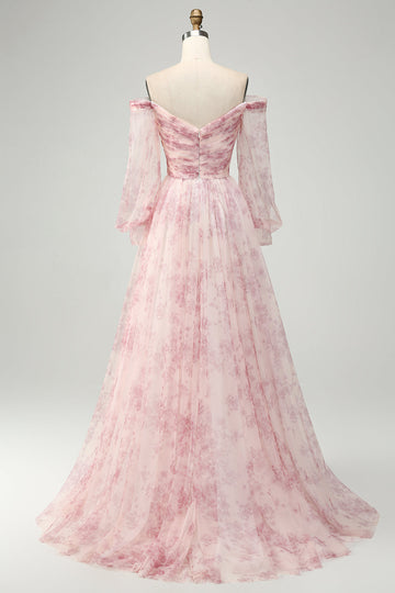 Blush Flower A-Line Off The Shoulder Print Prom Dress med slids